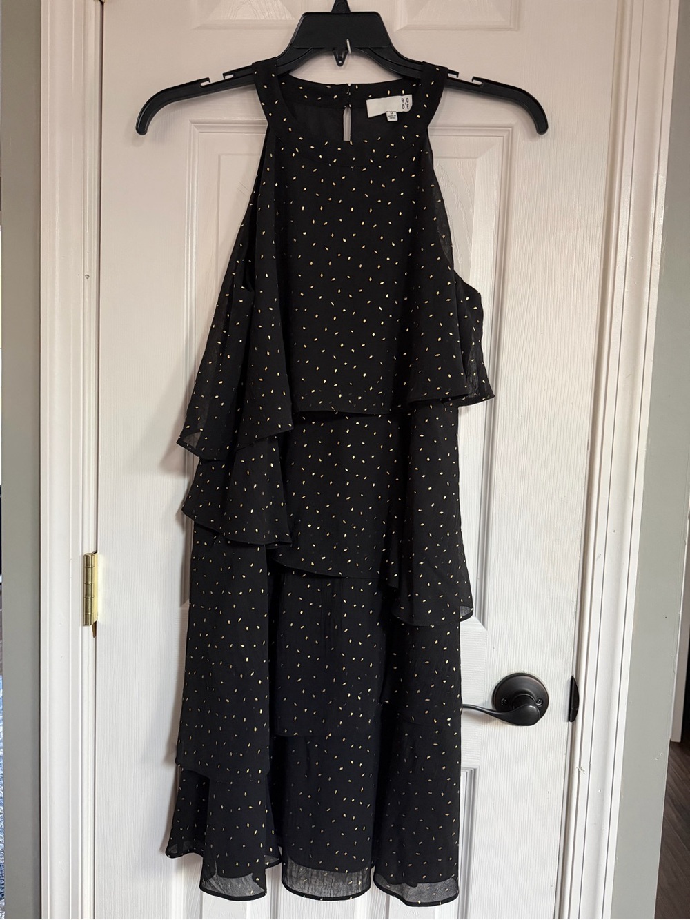 Ro & De Black Tiered Dress with Gold Accents midi sheer lined M - Picture 7 of 8
